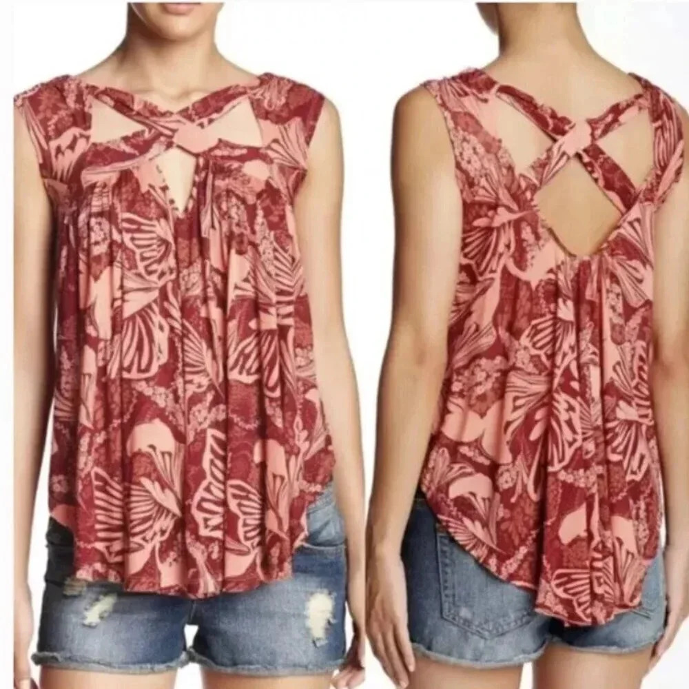 Free People Sugar Cane Crisscross Tank in Cherry Combo